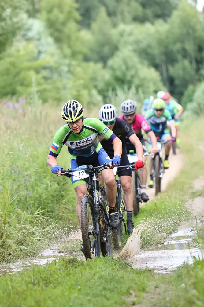 MTB riders on a narrow trail among tall grass
